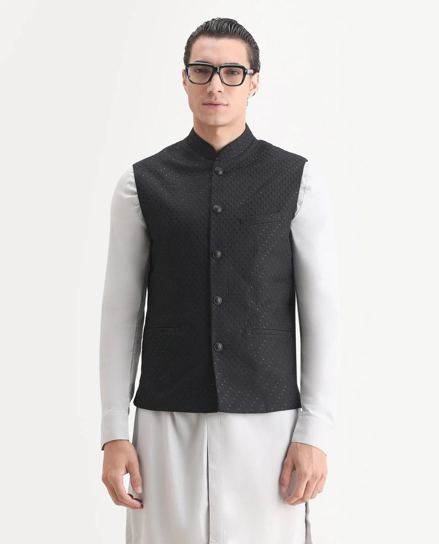 Rare Rabbit Men's Lasmos-B1 Black Viscose Embroidered Regular Fit Sleeveless Mandarin Collar Bandhgala Rare Rabbit Men's Lasmos-B1 Beige Viscose Embroidered Regular Fit Sleeveless Mandarin Collar Bandhgala Nehru Jacket
