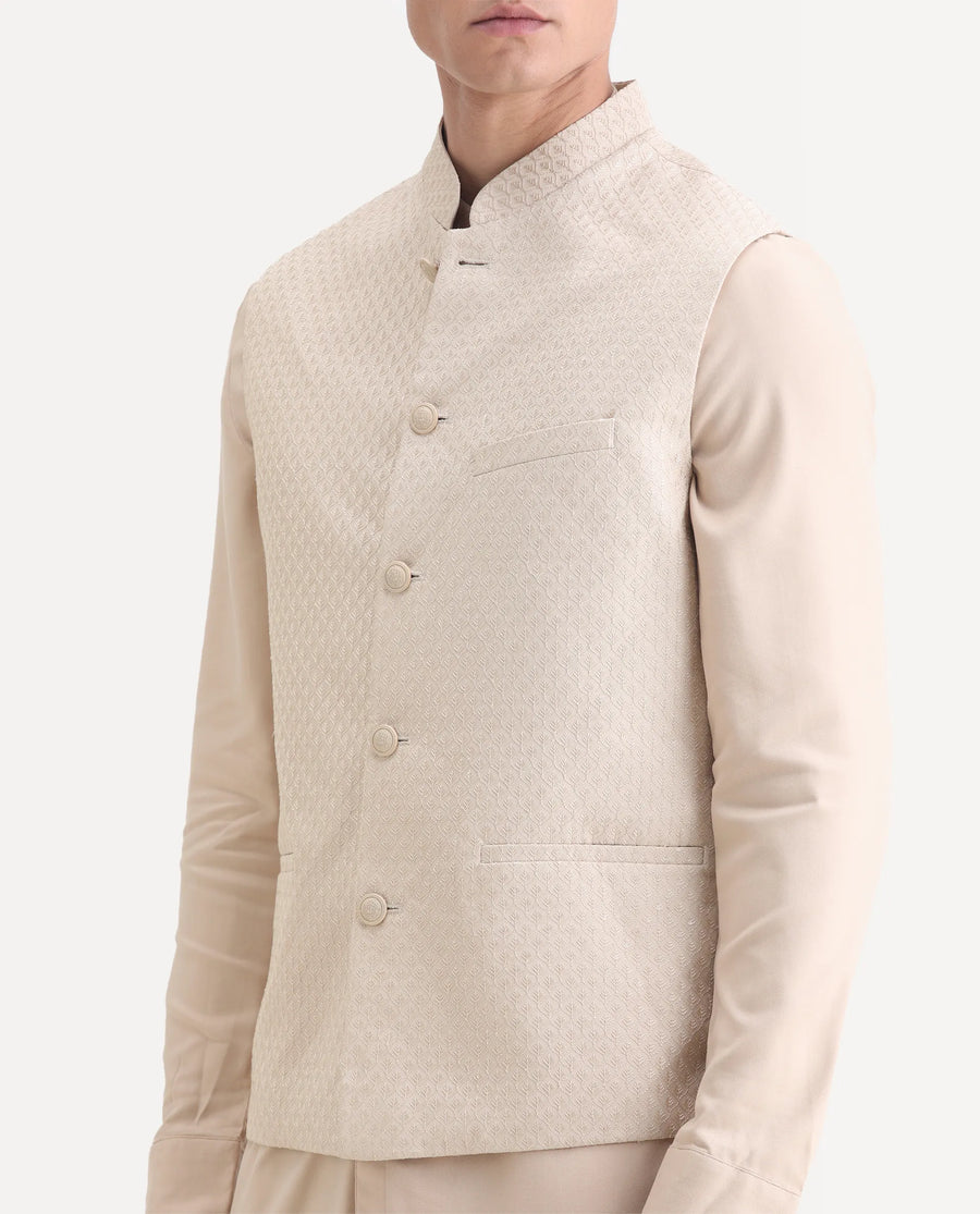 Rare Rabbit Men's Lasmos-Kpb Beige Viscose Embroidered Regular Fit Full Sleeve Mandarin Collar Kurta Suit