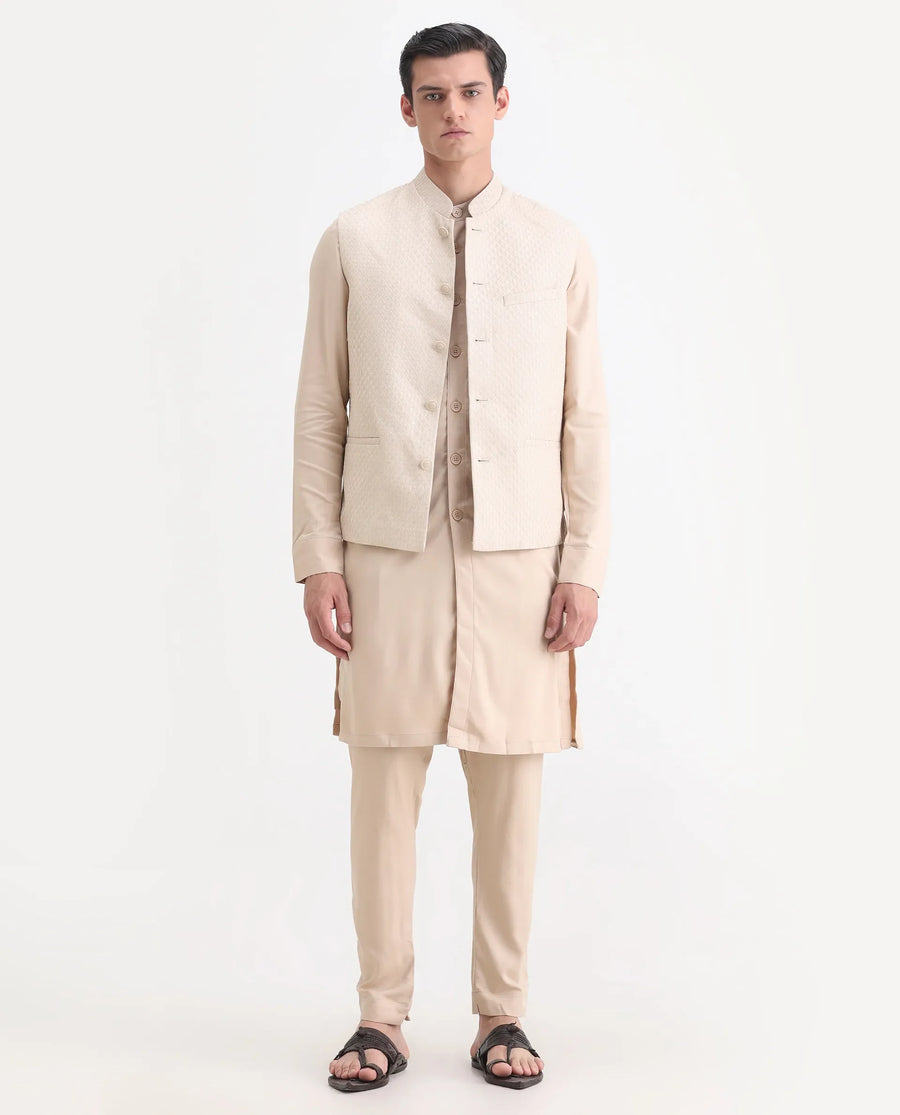 Rare Rabbit Men's Lasmos-Kpb Beige Viscose Embroidered Regular Fit Full Sleeve Mandarin Collar Kurta Suit