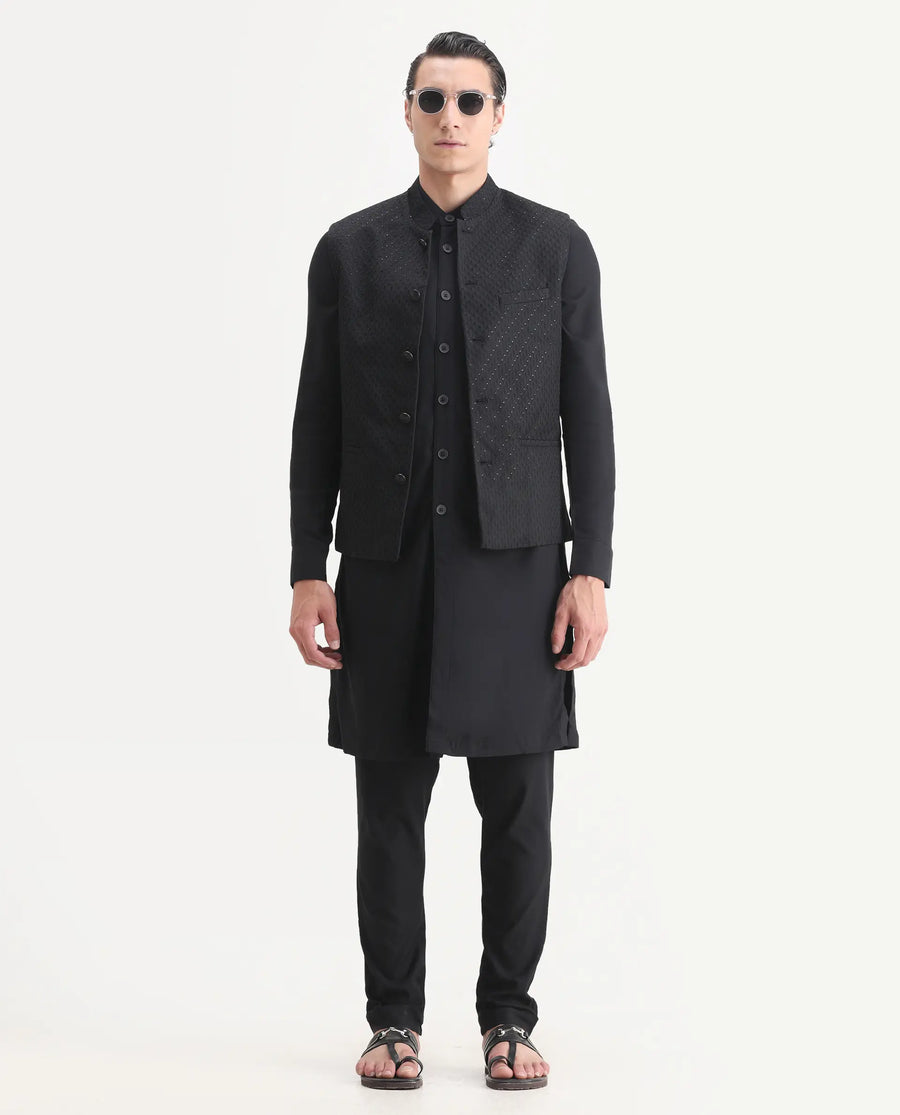 Rare Rabbit Men's Lasmos-Kpb Black Viscose Embroidered Regular Fit Full Sleeve Mandarin Collar Kurta Suit
