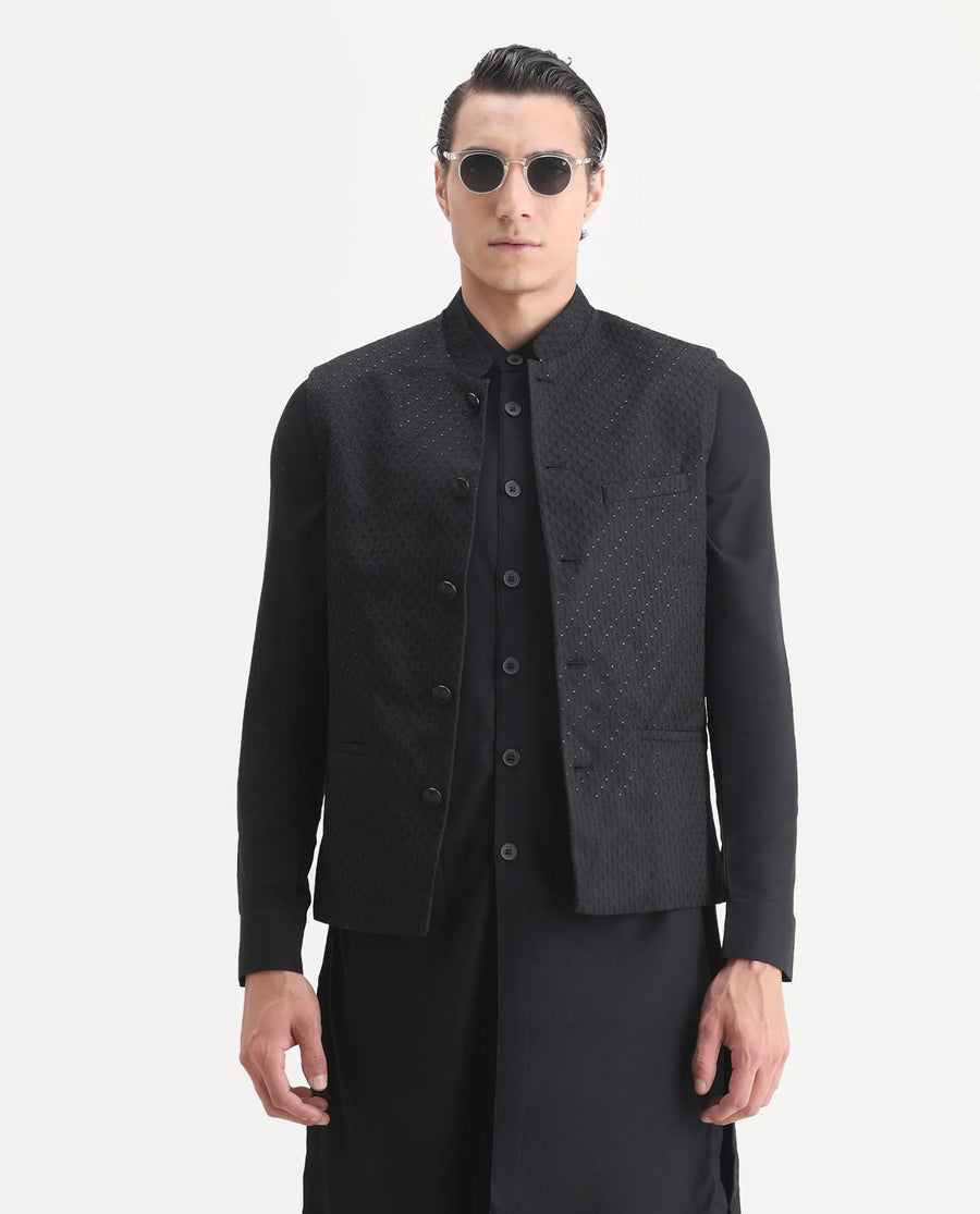 Rare Rabbit Men's Lasmos-Kpb Black Viscose Embroidered Regular Fit Full Sleeve Mandarin Collar Kurta Suit