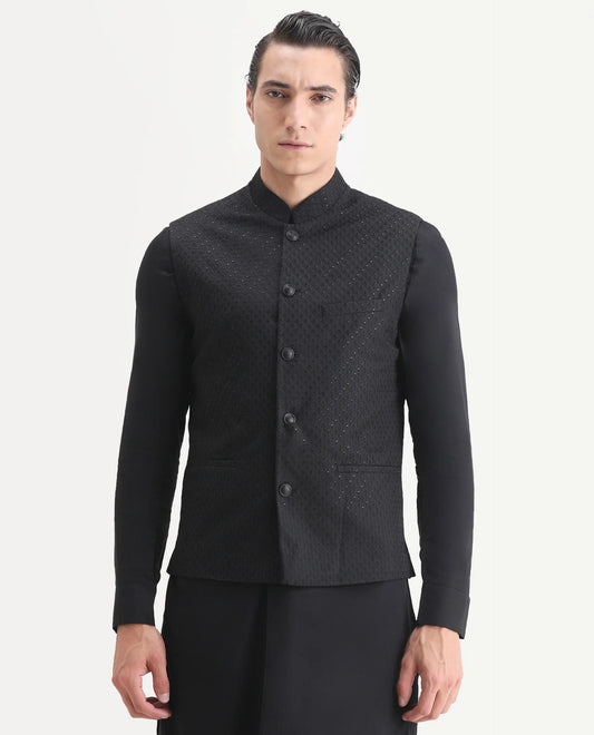 Rare Rabbit Men's Lasmos-Kpb Black Viscose Embroidered Regular Fit Full Sleeve Mandarin Collar Kurta Suit