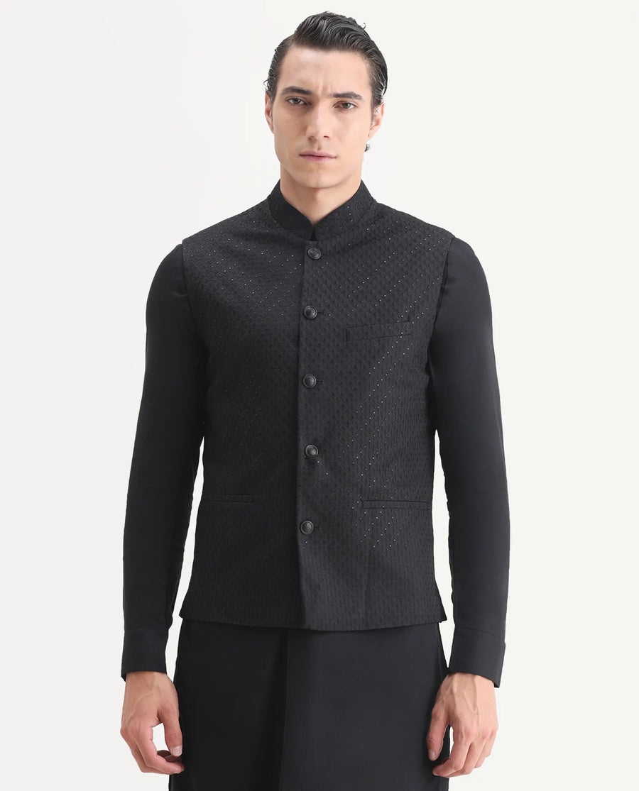 Rare Rabbit Men's Lasmos-Kpb Black Viscose Embroidered Regular Fit Full Sleeve Mandarin Collar Kurta Suit