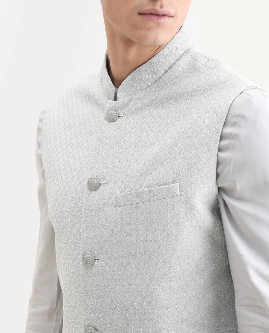 Rare Rabbit Men's Lasmos Kpb Light Grey Viscose Embroidered Regular Fit Full Sleeve Mandarin Collar Kurta Suit