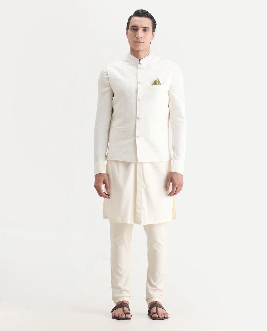 Rare Rabbit Men's Lasmos Kpb Off White Viscose Embroidered Regular Fit Full Sleeve Mandarin Collar Kurta Suit