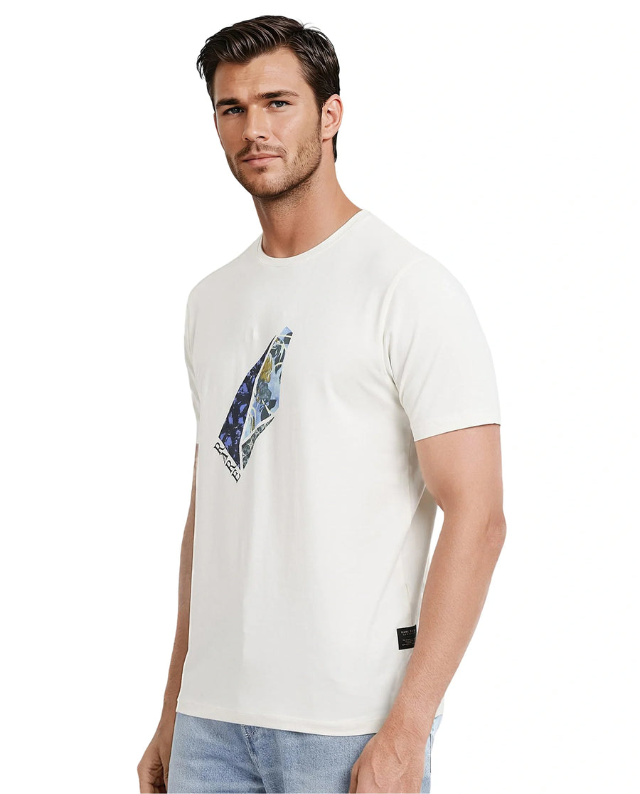 Rare Rabbit Men's Lason Off White Cotton Graphic Print Regular Fit Half Sleeve Crew Neck T-Shirt