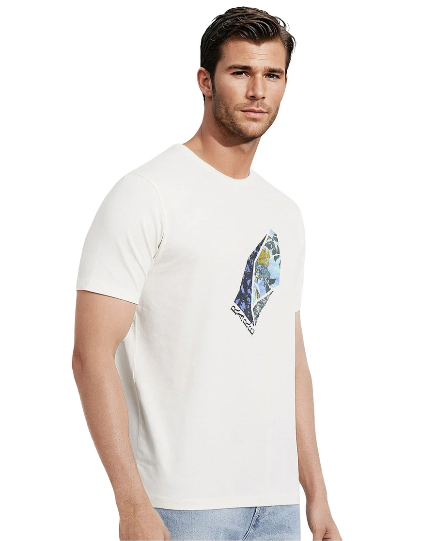 Rare Rabbit Men's Lason Off White Cotton Graphic Print Regular Fit Half Sleeve Crew Neck T-Shirt