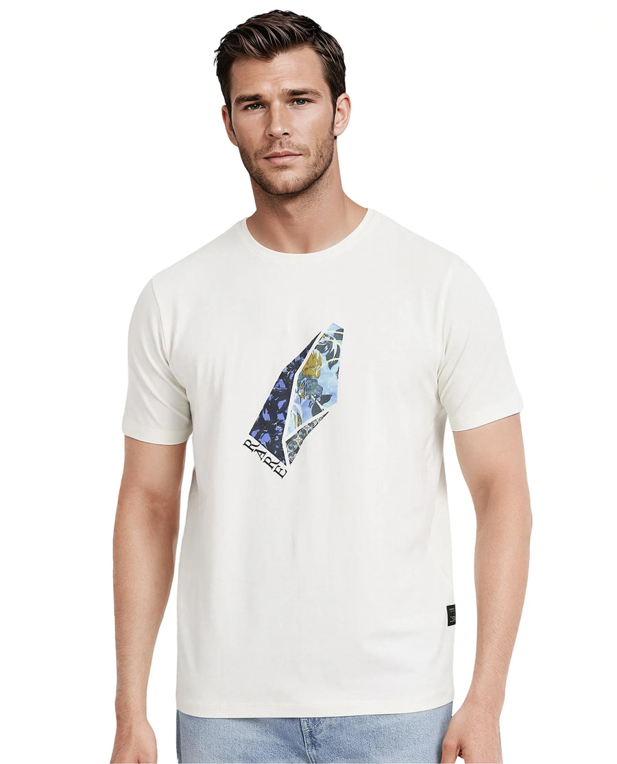 Rare Rabbit Men's Lason Off White Cotton Graphic Print Regular Fit Half Sleeve Crew Neck T-Shirt