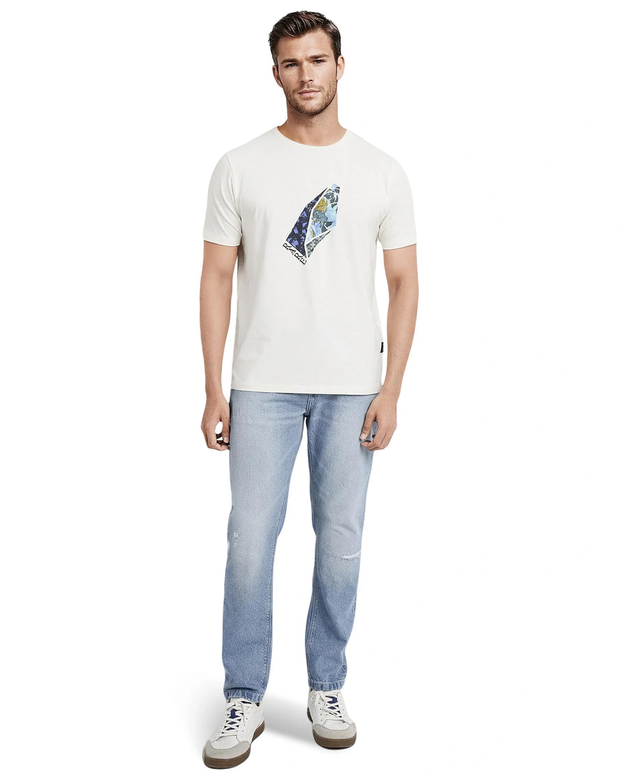 Rare Rabbit Men's Lason Off White Cotton Graphic Print Regular Fit Half Sleeve Crew Neck T-Shirt