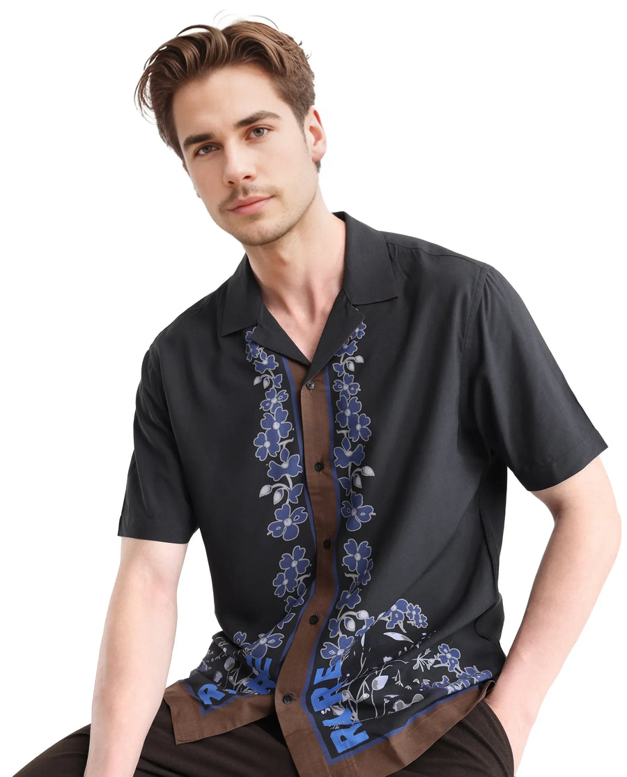 Rare Rabbit Men's Lato Black Viscose Floral Print Boxy Fit Half Sleeve Cuban Collar Shirt