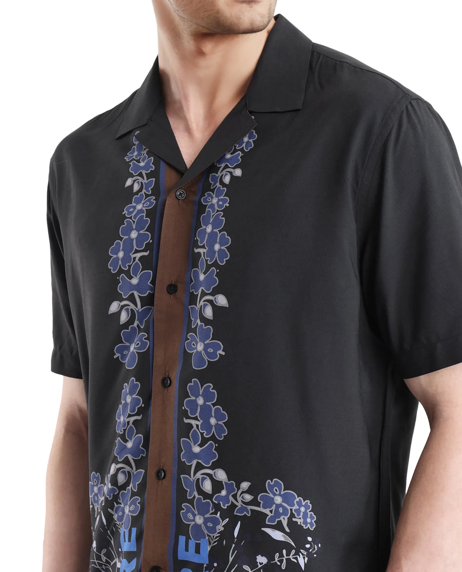 Rare Rabbit Men's Lato Black Viscose Floral Print Boxy Fit Half Sleeve Cuban Collar Shirt