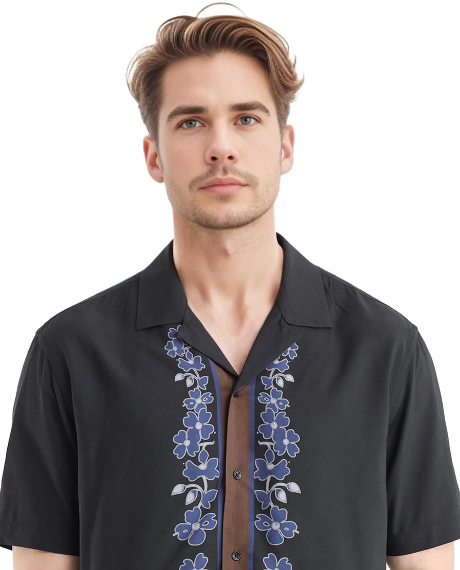 Rare Rabbit Men's Lato Black Viscose Floral Print Boxy Fit Half Sleeve Cuban Collar Shirt