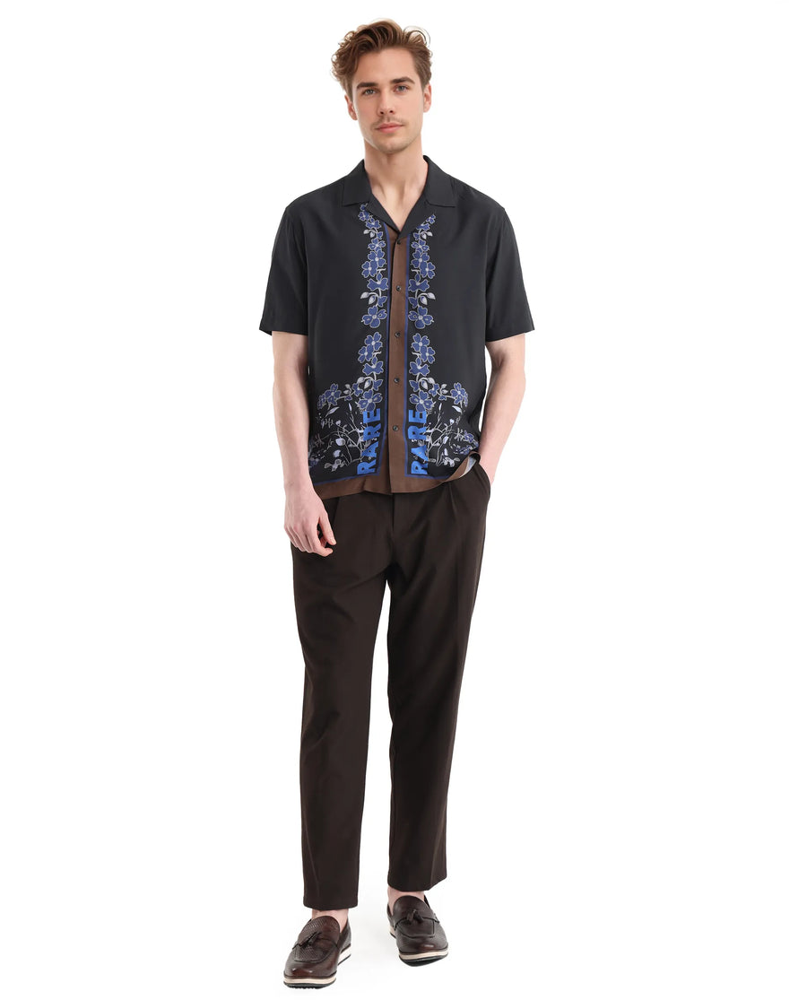 Rare Rabbit Men's Lato Black Viscose Floral Print Boxy Fit Half Sleeve Cuban Collar Shirt