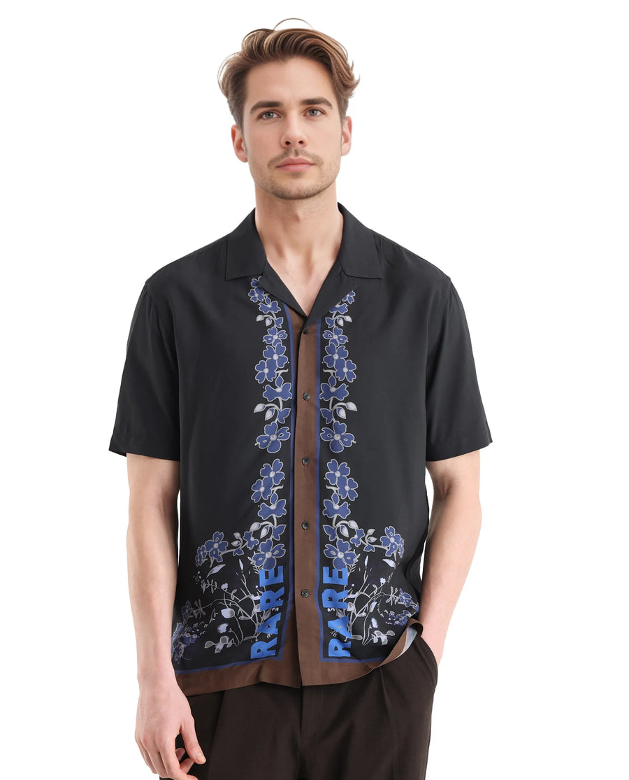 Rare Rabbit Men's Lato Black Viscose Floral Print Boxy Fit Half Sleeve Cuban Collar Shirt