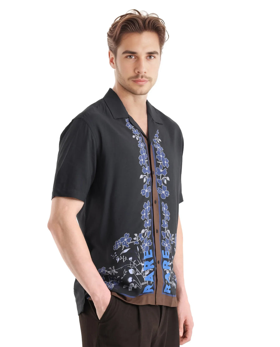 Rare Rabbit Men's Lato Black Viscose Floral Print Boxy Fit Half Sleeve Cuban Collar Shirt
