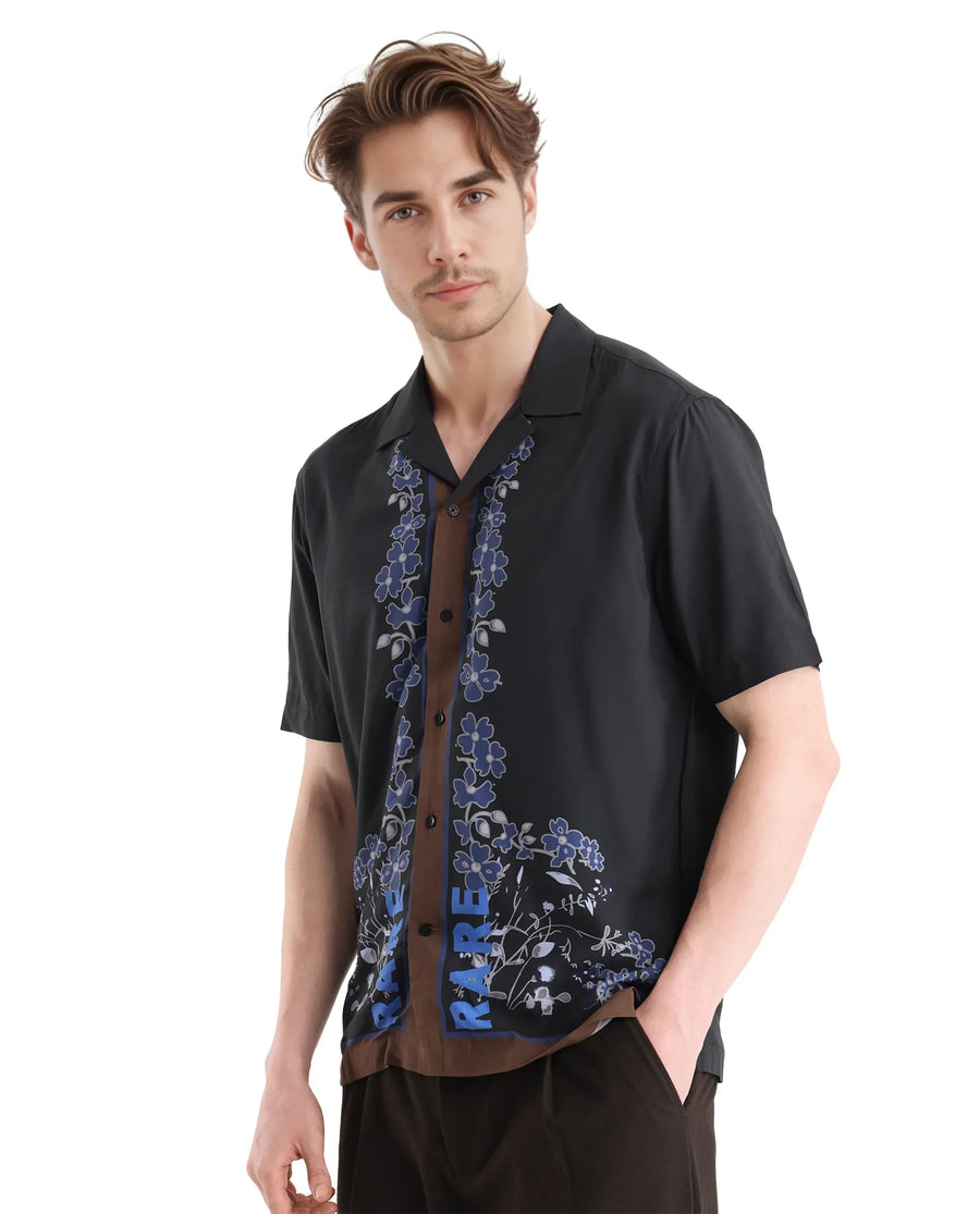 Rare Rabbit Men's Lato Black Viscose Floral Print Boxy Fit Half Sleeve Cuban Collar Shirt