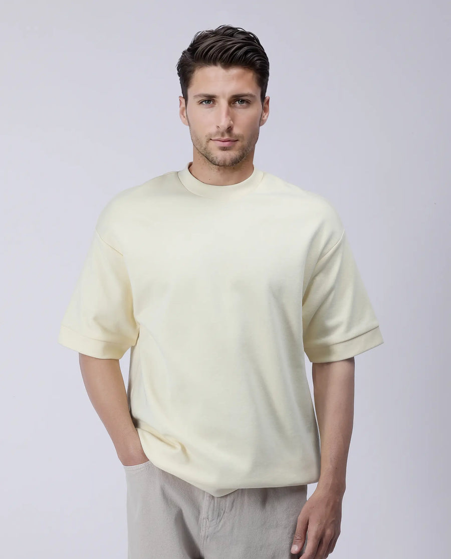 Rare Rabbit Men's Lauch Pastel Yellow Cotton Blend Plain Oversized Fit Half Sleeve Crew Neck T-Shirt