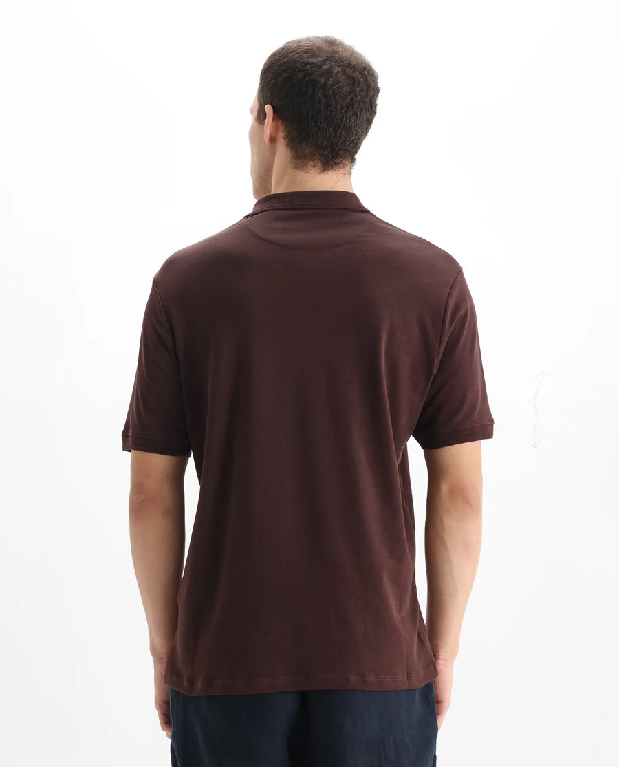 Rare Rabbit Men's Laur Dark Brown Cotton Plain Regular Fit Half Sleeve Polo