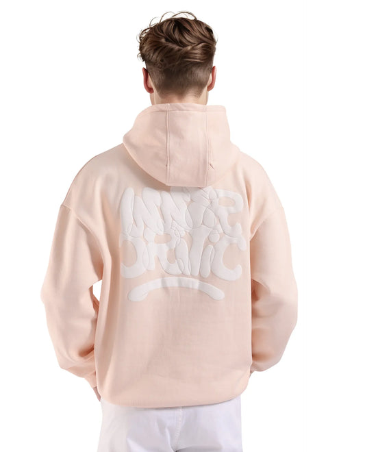 Rare Rabbit Men's Laurl Light Pink Cotton Blend Typography Print Boxy Fit Full Sleeve Hooded Sweatshirt