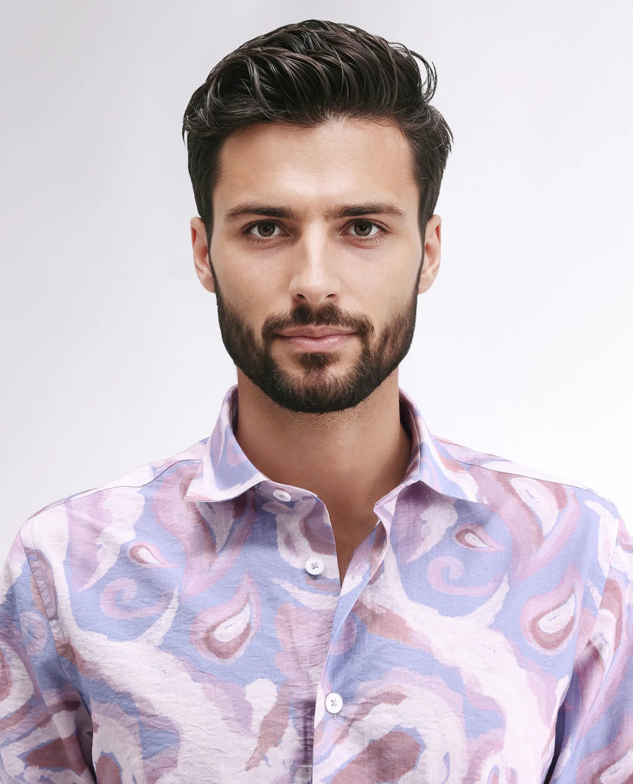 Rare Rabbit Men's Lavato Light Purple Viscose Blend Abstract Print Regular Fit Full Sleeve Collared Shirt