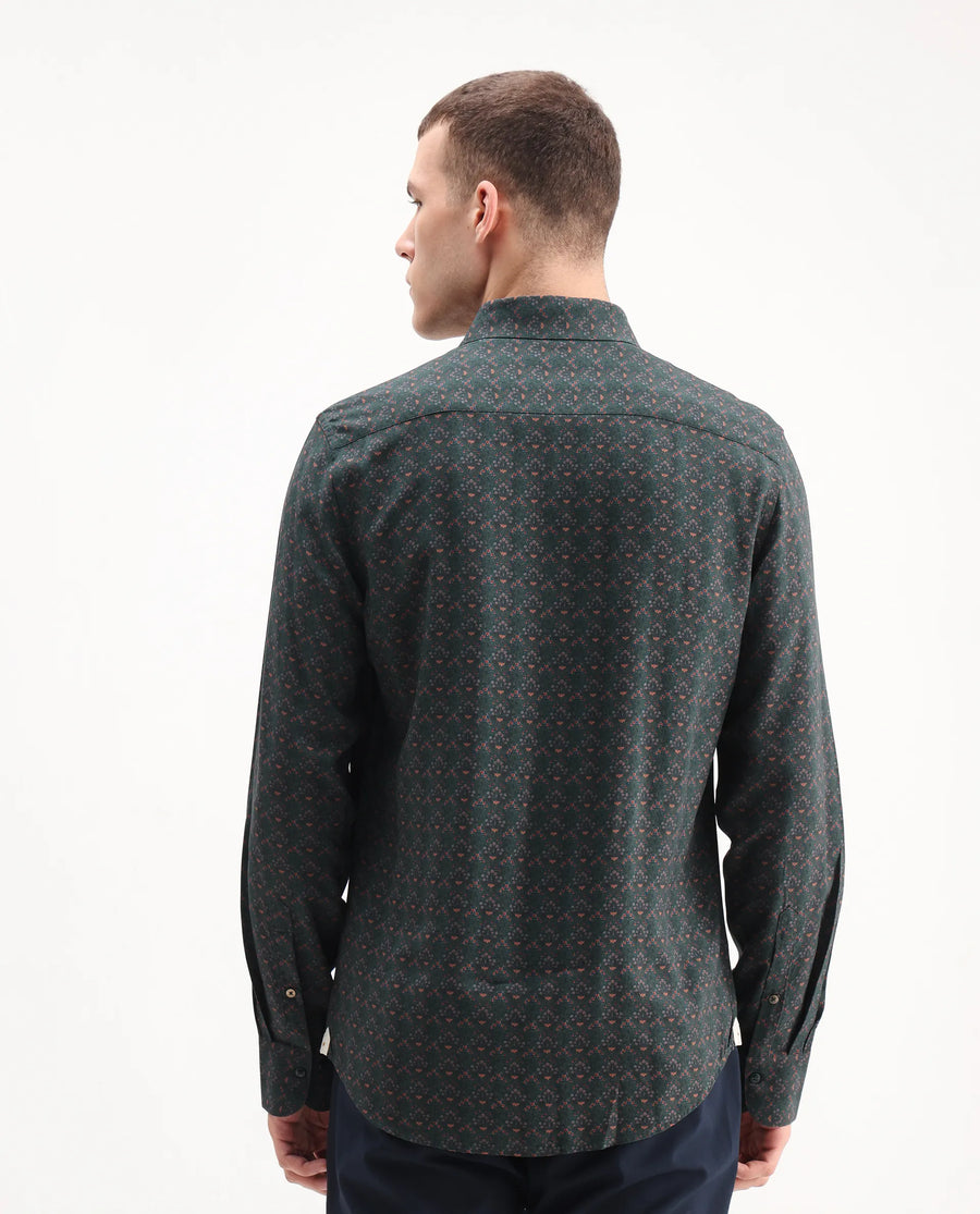 Rare Rabbit Men's Lavi Dark Green Viscose Floral Print Regular Fit Full Sleeve Collared Shirt