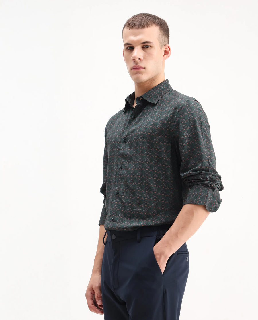Rare Rabbit Men's Lavi Dark Green Viscose Floral Print Regular Fit Full Sleeve Collared Shirt
