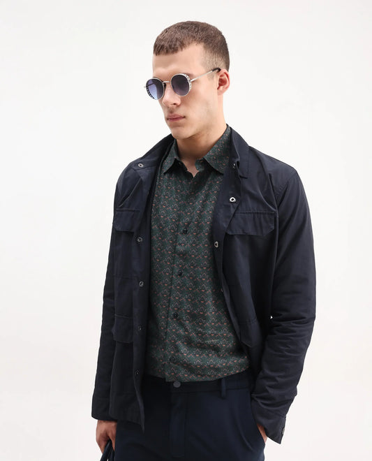 Rare Rabbit Men's Lavi Dark Green Viscose Floral Print Regular Fit Full Sleeve Collared Shirt