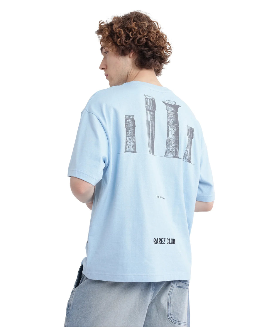 Rare Rabbit Men's Laun Light Blue Cotton Hd Print Oversized Fit Half Sleeve Crew Neck T-Shirt