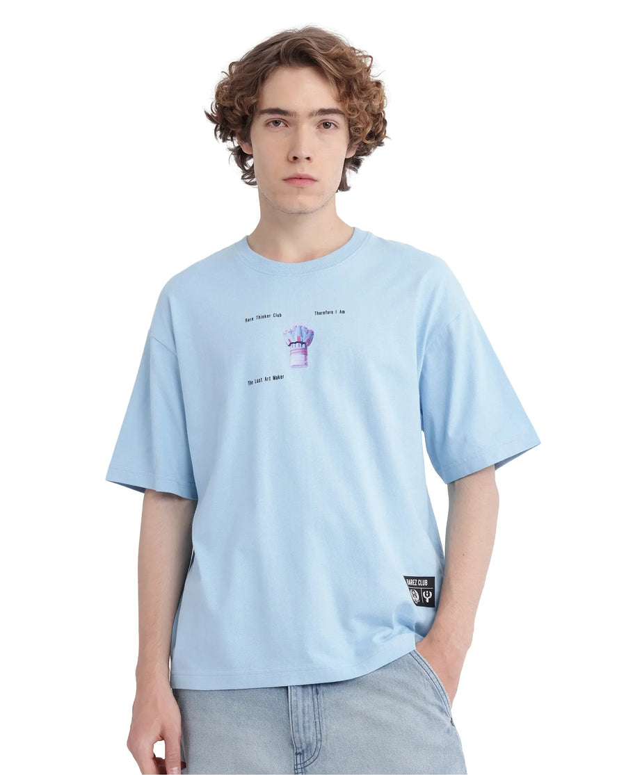 Rare Rabbit Men's Laun Light Blue Cotton Hd Print Oversized Fit Half Sleeve Crew Neck T-Shirt