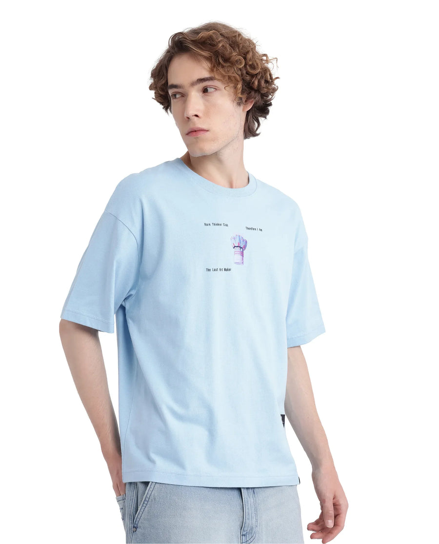 Rare Rabbit Men's Laun Light Blue Cotton Hd Print Oversized Fit Half Sleeve Crew Neck T-Shirt