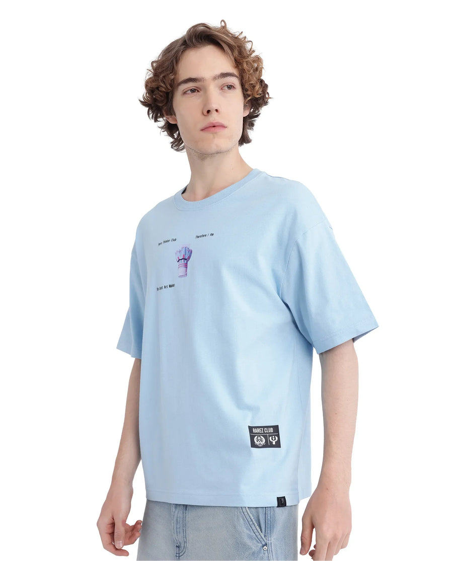 Rare Rabbit Men's Laun Light Blue Cotton Hd Print Oversized Fit Half Sleeve Crew Neck T-Shirt