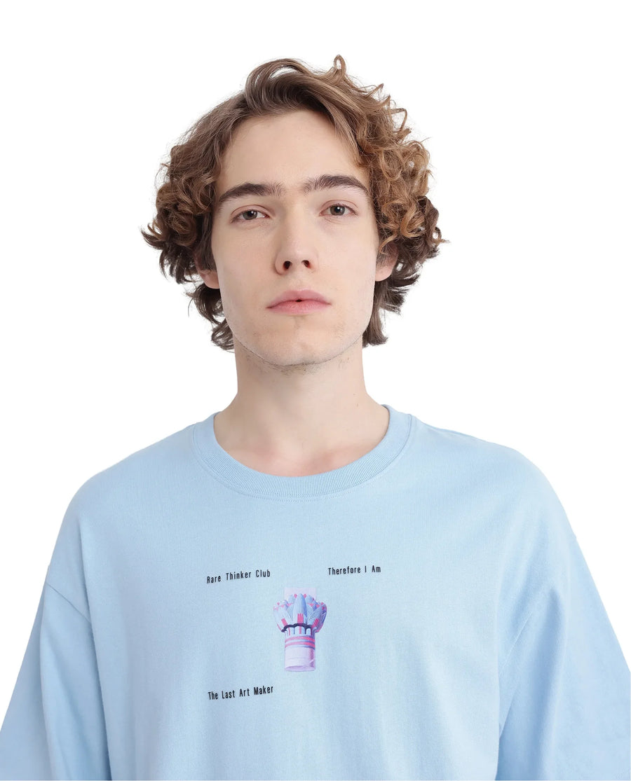 Rare Rabbit Men's Laun Light Blue Cotton Hd Print Oversized Fit Half Sleeve Crew Neck T-Shirt