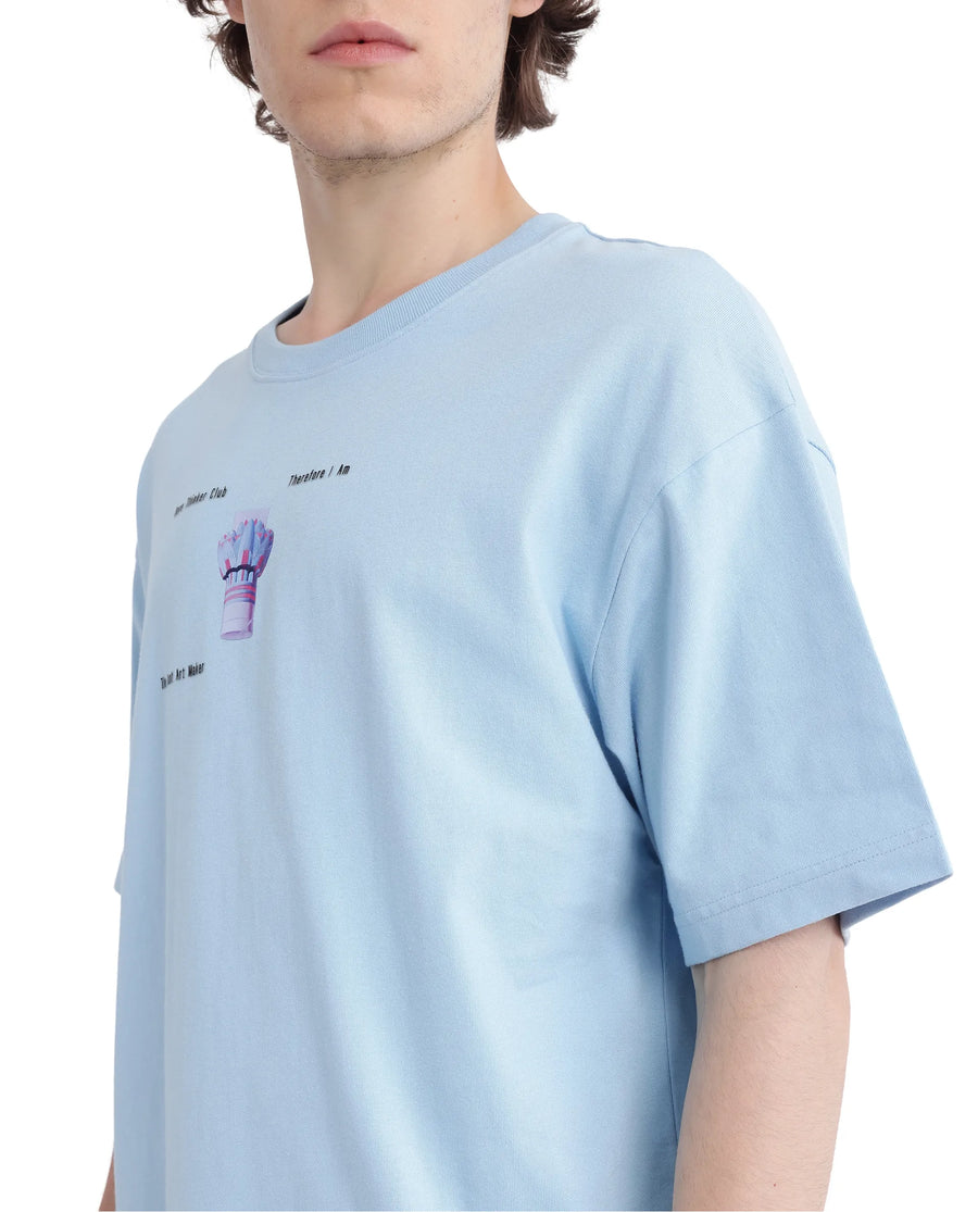 Rare Rabbit Men's Laun Light Blue Cotton Hd Print Oversized Fit Half Sleeve Crew Neck T-Shirt