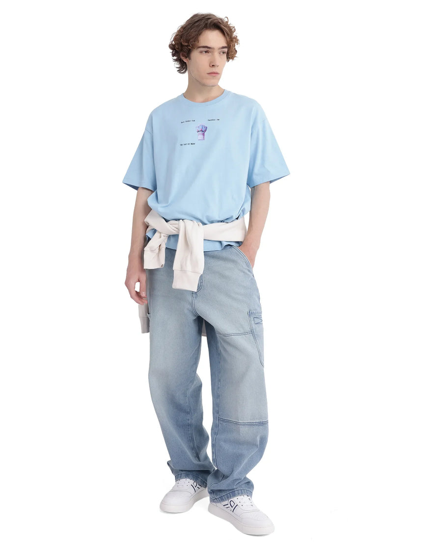 Rare Rabbit Men's Laun Light Blue Cotton Hd Print Oversized Fit Half Sleeve Crew Neck T-Shirt