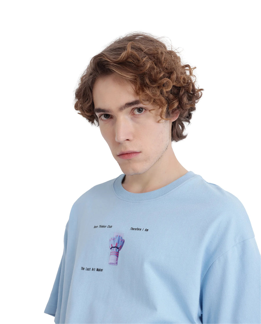 Rare Rabbit Men's Laun Light Blue Cotton Hd Print Oversized Fit Half Sleeve Crew Neck T-Shirt