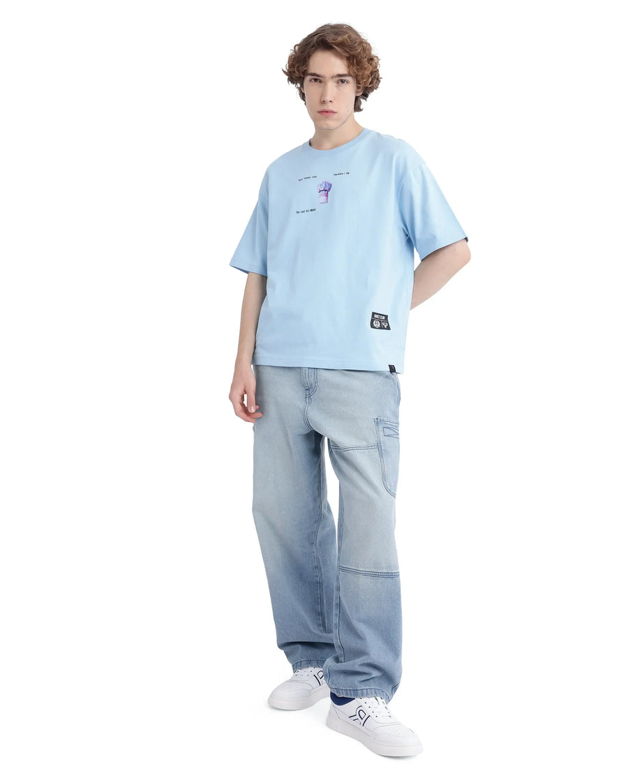 Rare Rabbit Men's Laun Light Blue Cotton Hd Print Oversized Fit Half Sleeve Crew Neck T-Shirt