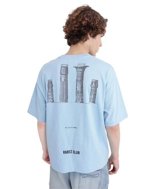 Rare Rabbit Men's Laun Light Blue Cotton Hd Print Oversized Fit Half Sleeve Crew Neck T-Shirt