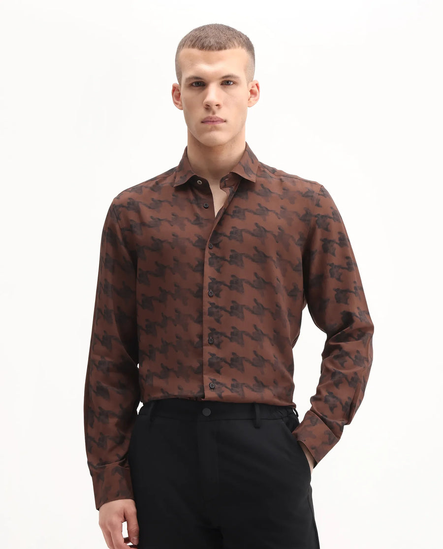 Rare Rabbit Men's Laxo Black Viscose Houndstooth Print Regular Fit Full Sleeve Collared Shirt