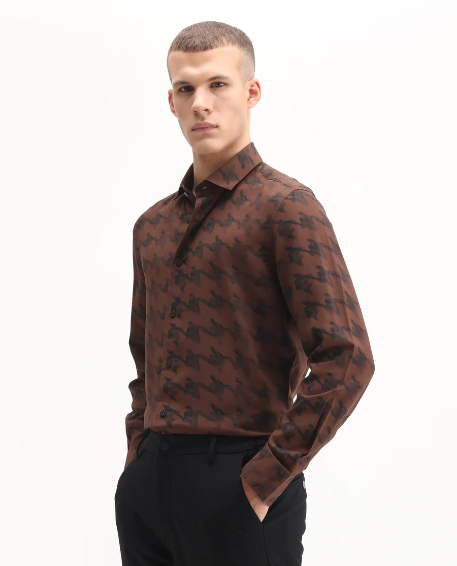 Rare Rabbit Men's Laxo Black Viscose Houndstooth Print Regular Fit Full Sleeve Collared Shirt