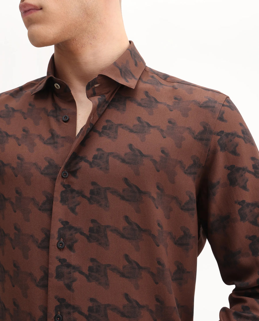 Rare Rabbit Men's Laxo Black Viscose Houndstooth Print Regular Fit Full Sleeve Collared Shirt