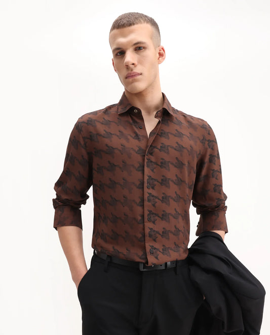 Rare Rabbit Men's Laxo Black Viscose Houndstooth Print Regular Fit Full Sleeve Collared Shirt