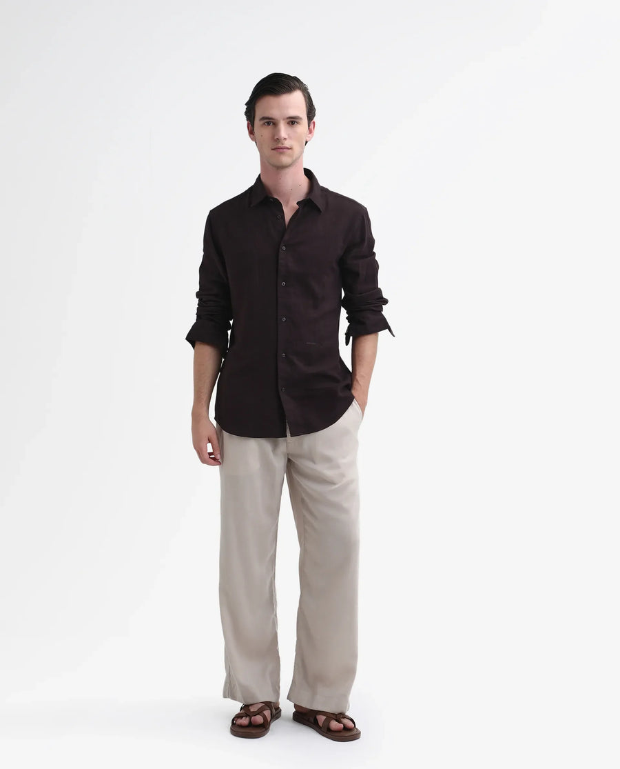 Rare Rabbit Men's Layerr-26 Dark Brown Cotton Plain Regular Fit Full Sleeve Collared Shirt