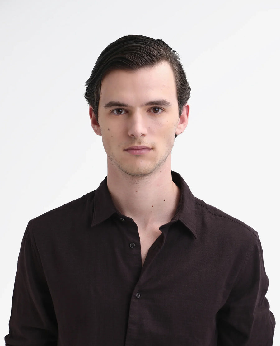 Rare Rabbit Men's Layerr-26 Dark Brown Cotton Plain Regular Fit Full Sleeve Collared Shirt