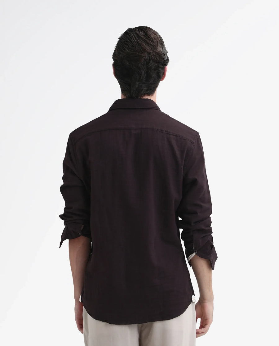 Rare Rabbit Men's Layerr-26 Dark Brown Cotton Plain Regular Fit Full Sleeve Collared Shirt