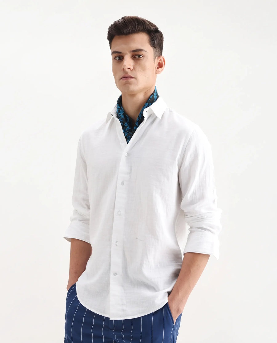 Rare Rabbit Men's Layerr-26 White Cotton Plain Regular Fit Full Sleeve Spread Collar Shirt