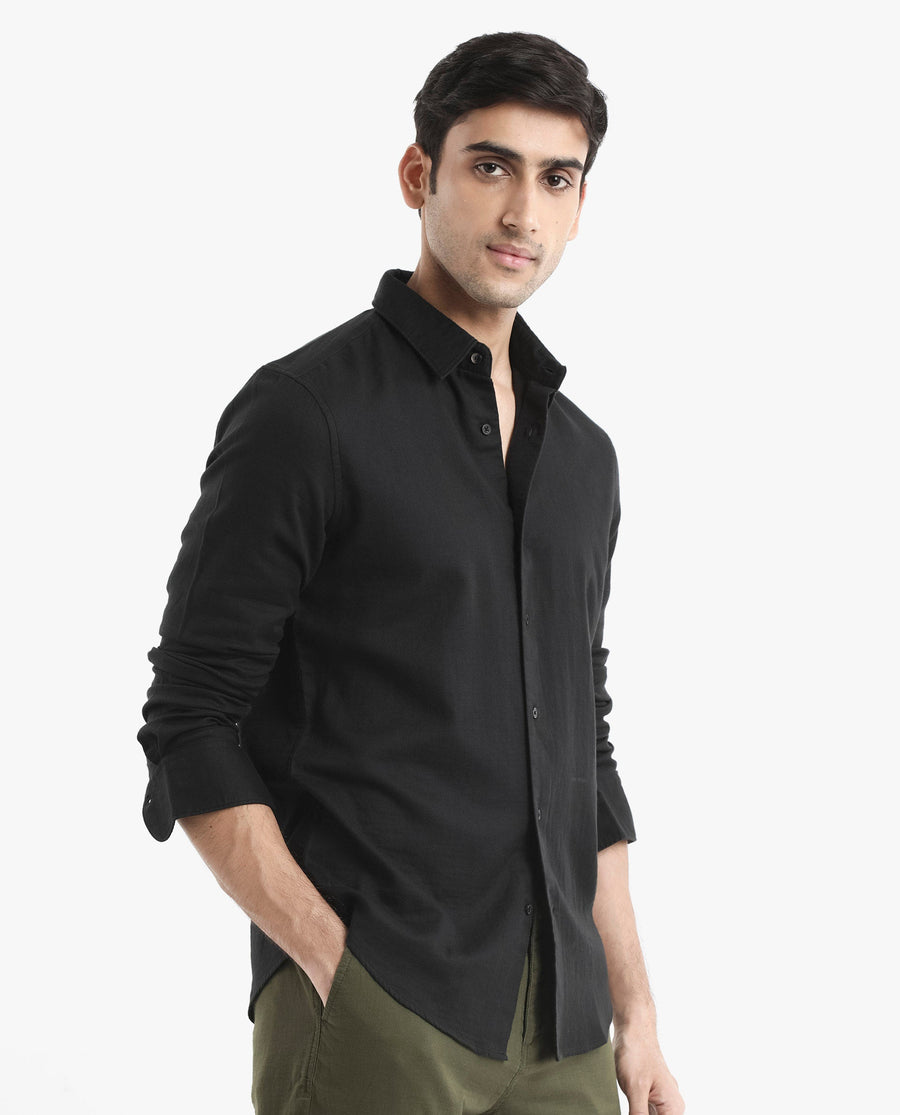 Rare Rabbit Men's Layerr-2 Black Cotton Plain Regular Fit Full Sleeve Collared Shirt