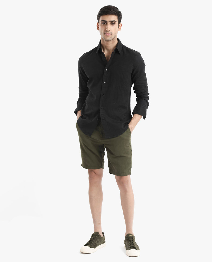 Rare Rabbit Men's Layerr-2 Black Cotton Plain Regular Fit Full Sleeve Collared Shirt