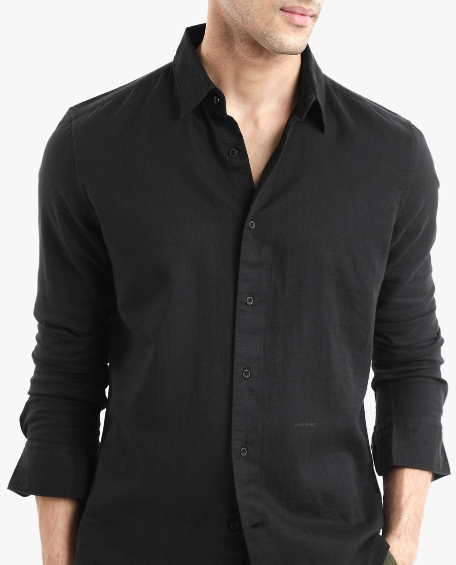 Rare Rabbit Men's Layerr-2 Black Cotton Plain Regular Fit Full Sleeve Collared Shirt