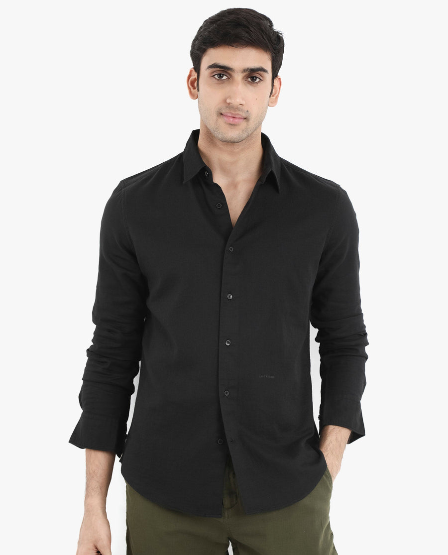 Rare Rabbit Men's Layerr-2 Black Cotton Plain Regular Fit Full Sleeve Collared Shirt