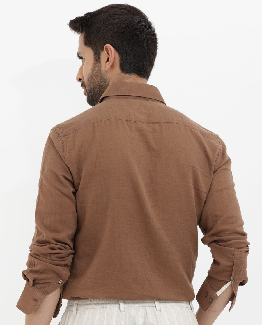 Rare Rabbit Men's Layerr Brown Cotton Plain Regular Fit Full Sleeve Collared Shirt